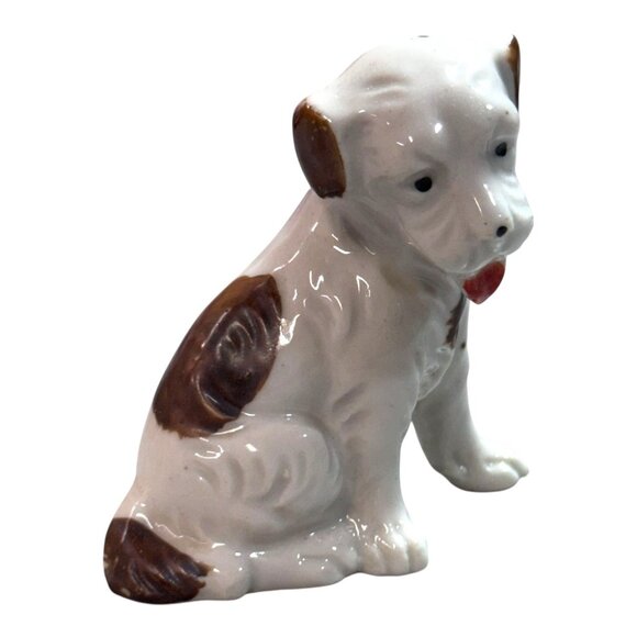 Vintage 1950s Japanese Ceramic Puppy Dog Figurine Brown Spots & Red Collar White - Picture 1 of 10